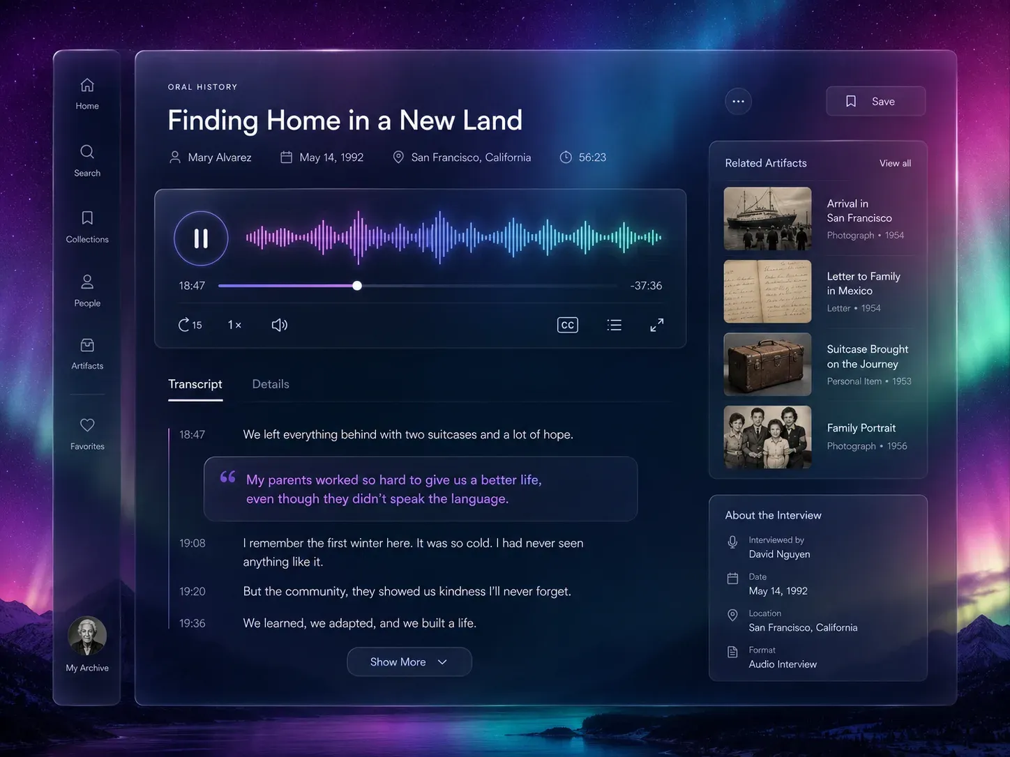 Curated story view pairing an oral history transcript with archival photographs